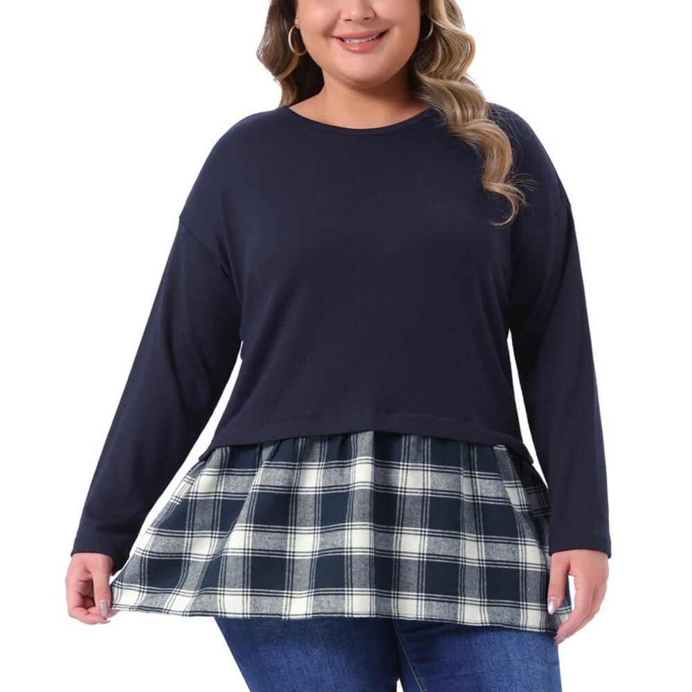 Women Plus Size Casual Dressy Babydoll Patchwork Blouse Navy Blue